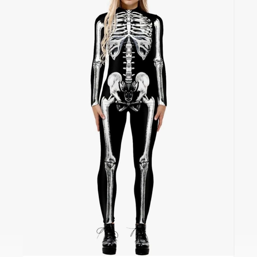 ALBIZIA Women's Skeleton Halloween Jumpsuit Bodysuit Cosplay Costume Size:L/XL